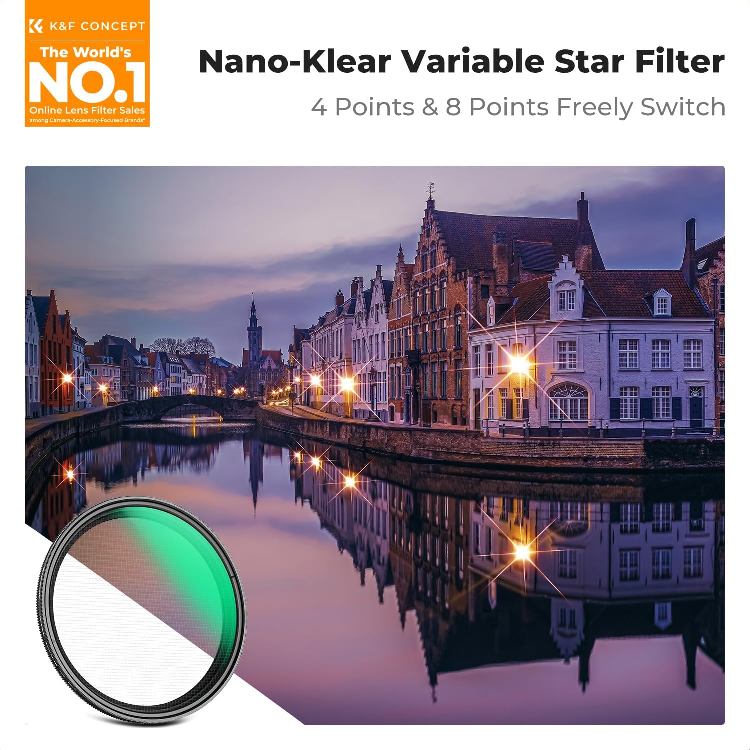 K&F Concept 82mm Variable Star Filter Cross Screen Starburst Filter 4, 8 Points -18 Layer Coating Ultra Slim Optical Glas Camera Lens Filter with 3 Cleaning Cloth - Image 2