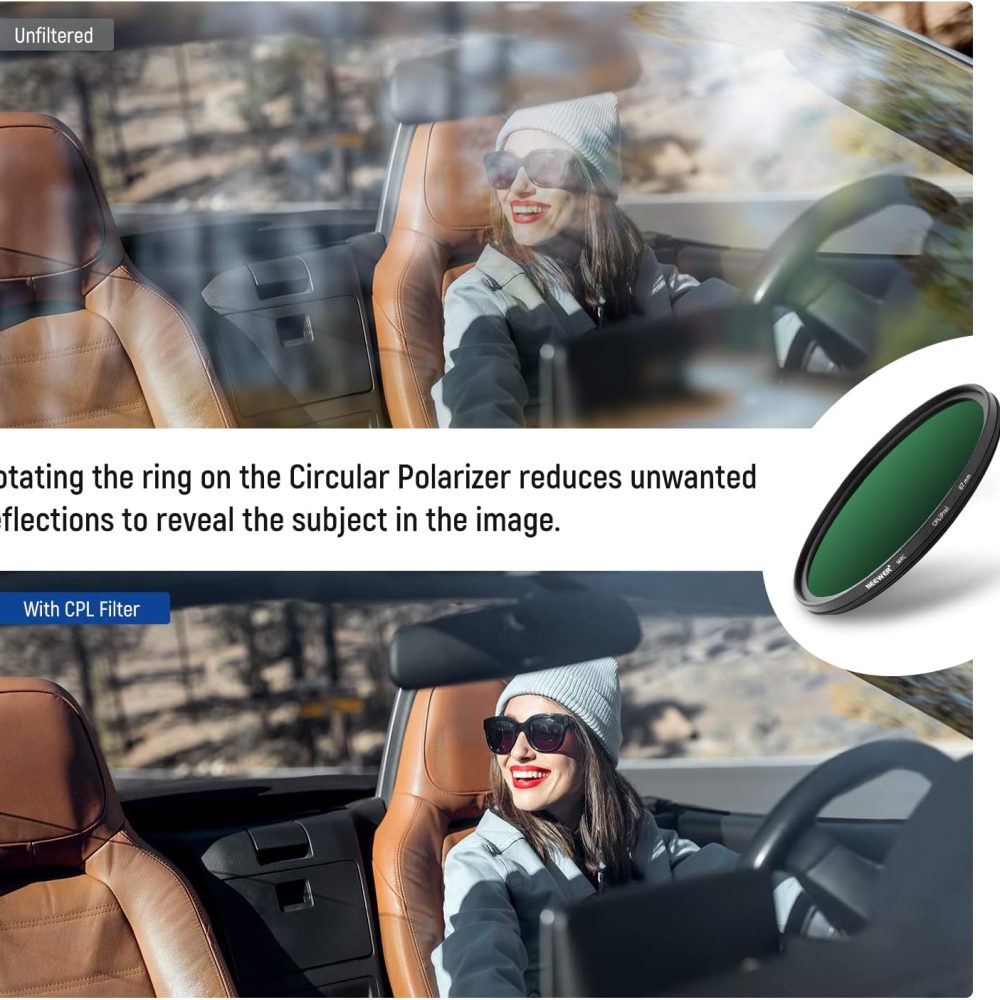 Neewer 67mm Polarizing Filter 30 Layer Multi Resistant Nano Coatings Circular Polarising Filter(CPL) Reduce Glare/Enhance Contrast/Ultra Slim/Reduces Reflection/HD Optical Glass Polarizer Filter - Image 7