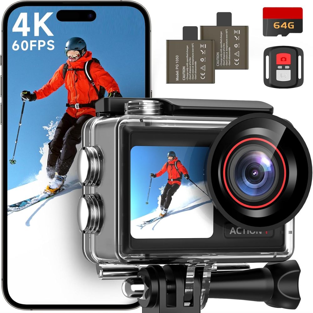 ODDV 4K60FPS 30MP Action Camera with Front LCD and Touch Rear Screens, Underwater Camera with 64GB Memory Card, 132FT Waterproof Camera, EIS, 5X Zoom, WiFi Remote Control (Black)